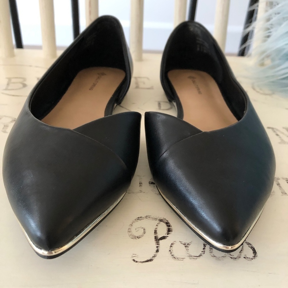 Black Flats, Slip Ons, Pointed Toe, Gold Colour Trim, Nice Condition